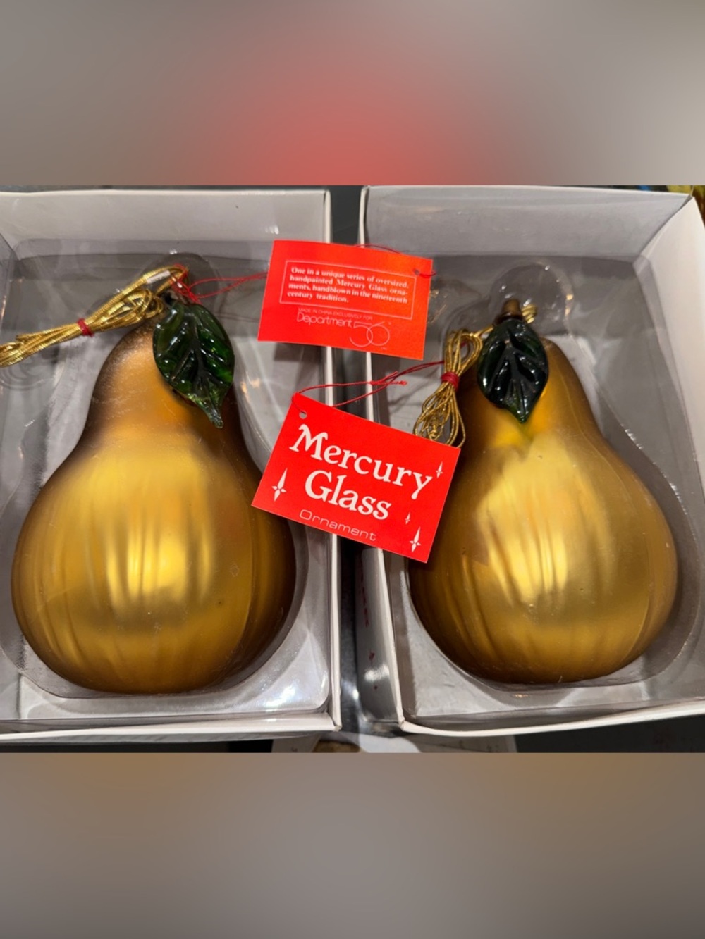 Dept 56 Mercury Glass Pear Ornament Set (2) Handpainted Gold Fruit w/ Boxes